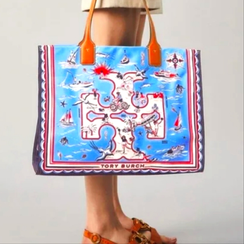 Tory Burch Ella Tote Nautical Print  Blue Marine NWT